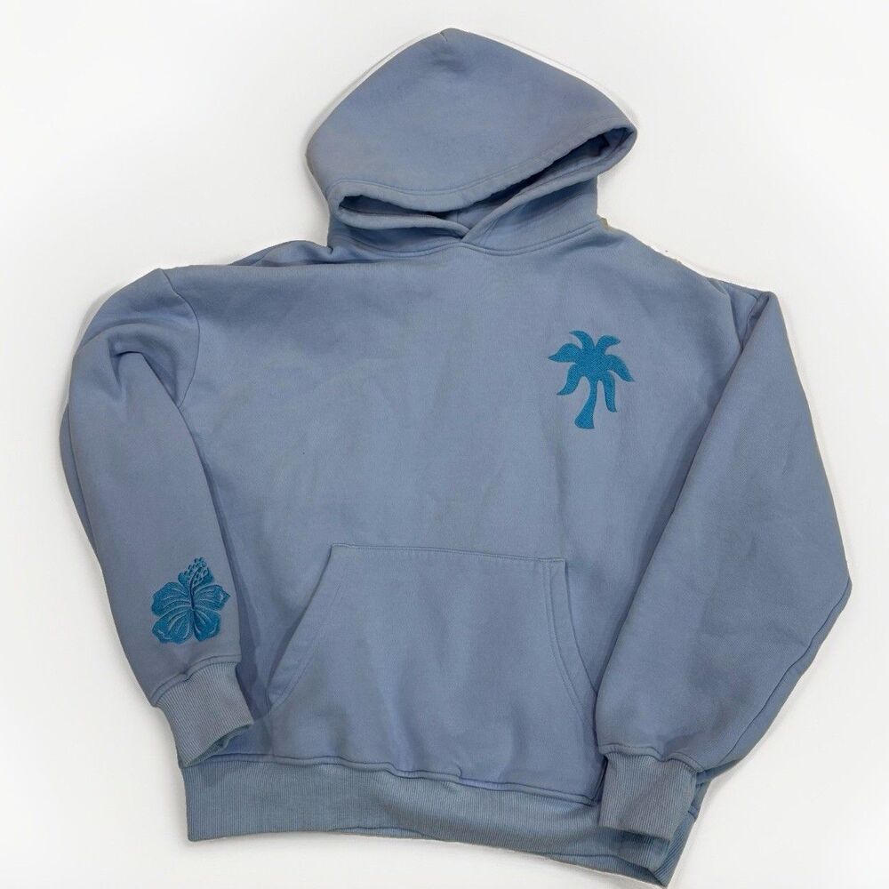 Pink Palm Puff Hoodie Womens Size Small 'Everything Comes In Waves' Blue